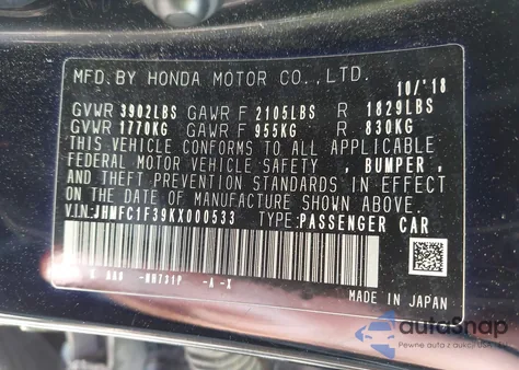 2019 Honda Civic Ex from USA, damaged, VIN JHMFC1F39KX000533